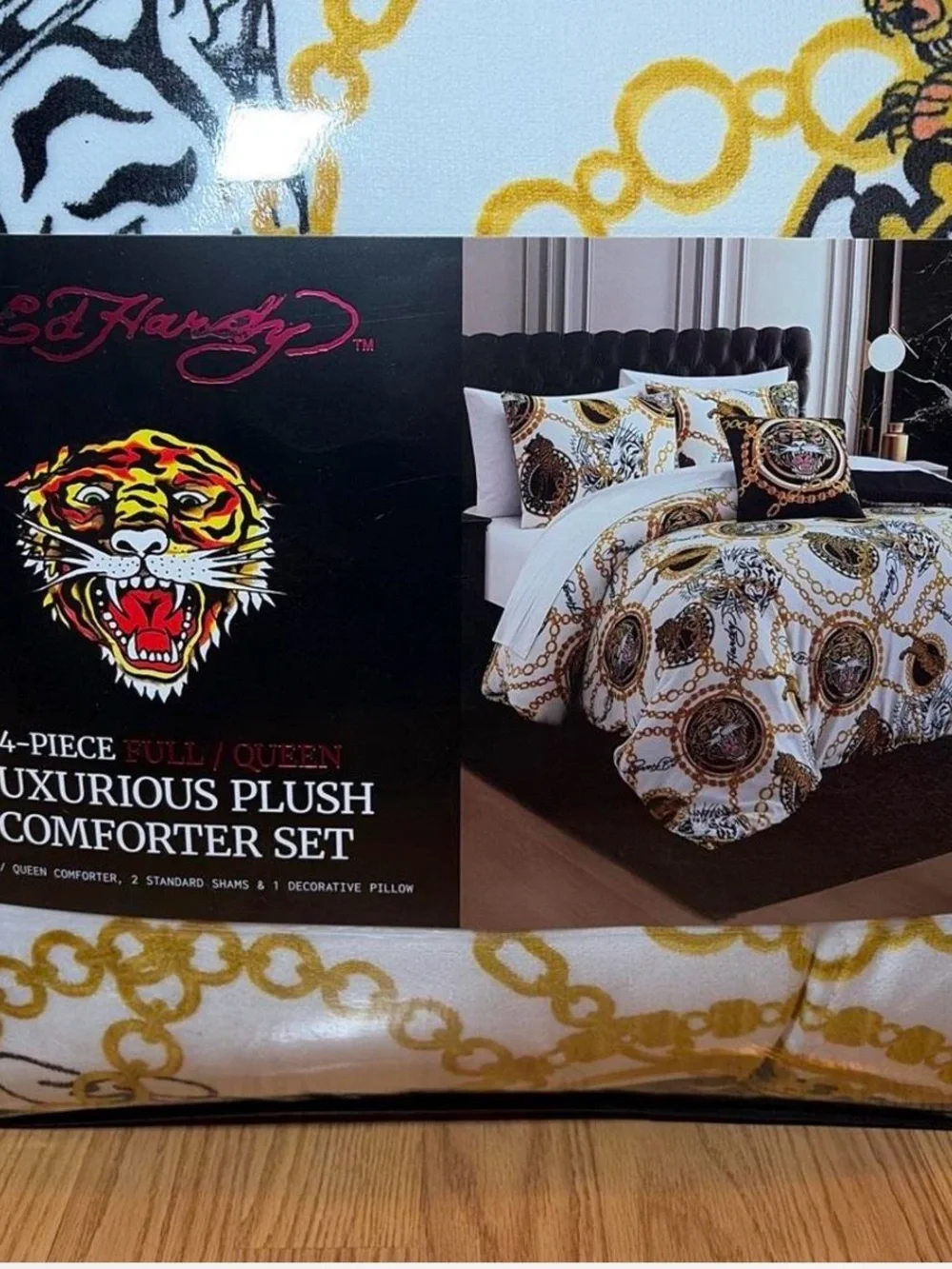 Ed Hardy White Plush Comforter Set with Gold Chain Print